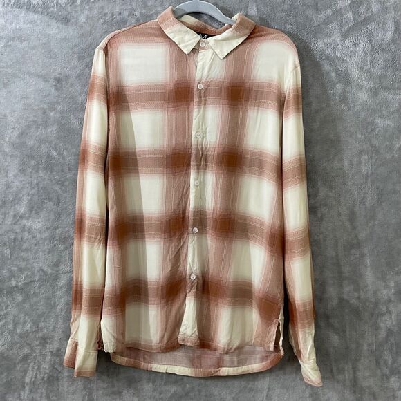 MAGASCHONI  BUTTON UP PLAID SHIRT men’s size Medium Plaid Brown/cream - Picture 1 of 11